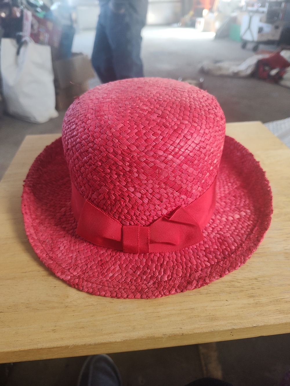 Straw Bow Trim Fedora Hat - Red